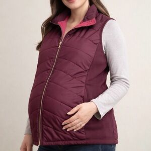 Motherhood Maternity Quilted Puffer Vest Plum Knit Side Panels - Size Large